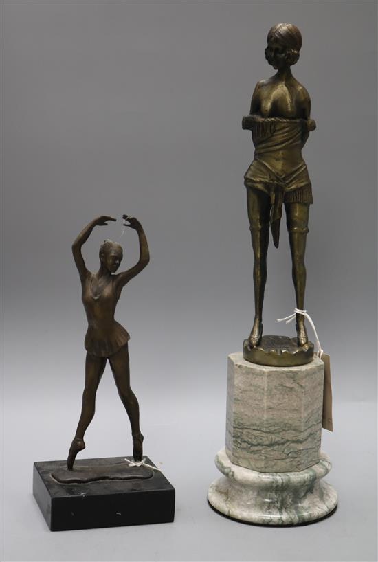 An Art Deco style bronze figure and a ballet dancer tallest 42.5cm